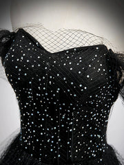 Black Tulle Beaded Floor Length Prom Dress, Black A-Line Off-Shoulder Evening Party Dress