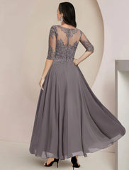 Aimishang A-Line Mother of the Bride Dress Formal Wedding Guest Elegant High Low Scoop Neck Asymmetrical Tea Length Chiffon Lace Half Sleeve with Pleats Appliques