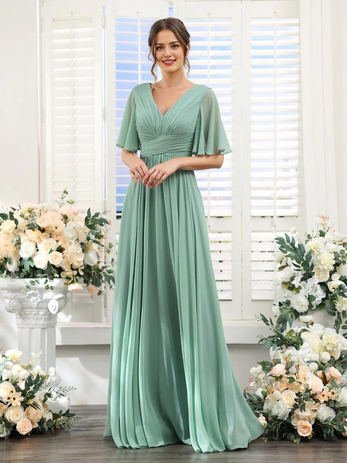 A-shaped V-shaped leader bridesmaid dress, suitable for wedding guests, long chiffon formal slit party dress