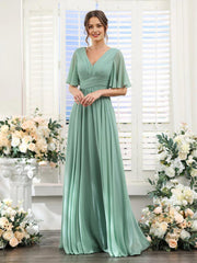 A-Line V Neck Sleeve Long Chiffon Formal Party Dresses for Wedding Guest Bridesmaid Dress