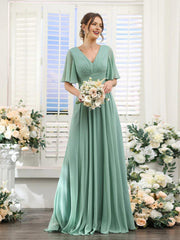 A-Line V Neck Sleeve Long Chiffon Formal Party Dresses for Wedding Guest Bridesmaid Dress