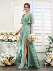 A-Line V Neck Sleeve Long Chiffon Formal Party Dresses for Wedding Guest Bridesmaid Dress