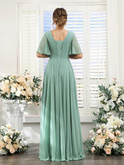 A-Line V Neck Sleeve Long Chiffon Formal Party Dresses for Wedding Guest Bridesmaid Dress