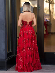 Zara | A Line Strapless Pleating Long Prom Dress With Applique