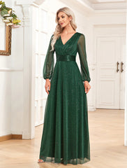 Aimishang  A-Line Evening Gown Sparkle & Shine Dress Formal Wedding Party Dress Floor Length Long Sleeve V Neck Chiffon with Sequin