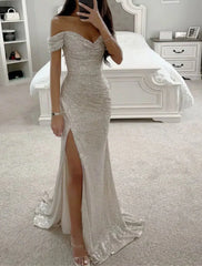 Mermaid / Trumpet Prom Dresses Sparkle Dress Formal Evening Party Sweep / Brush Train Sleeveless Cowl Neck Sequined with Ruched Sequin Slit