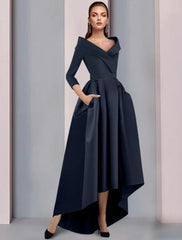 Aimishang  A-Line Mother of the Bride Dress Wedding Guest Elegant High Low Sweet Spaghetti Strap Asymmetrical Tea Length Satin 3/4 Length Sleeve with Pleats Fall