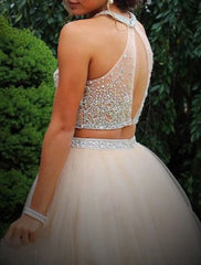 Two Piece A-Line Homecoming Dresses Sparkle & Shine Dress Holiday Graduation Short / Mini Sleeveless Halter Neck Tulle with Glitter Beading