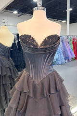 Dark Navy Strapless Pleated Prom Dress with Ruffle
