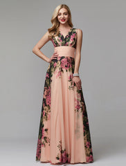 A-Line Party Dress Floral Dress Holiday Wedding Guest Floor Length Sleeveless V Neck Bridesmaid Dress Chiffon with Pattern / Print