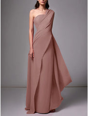 Sheath Evening Gown Red Green Dress Elegant Dress Formal Sweep / Brush Train Sleeveless One Shoulder Stretch Chiffon with Pleats Ruched
