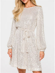 Women's Black Sequin Dress Party Dress Sparkly Dress Homecoming Dress Cocktail Dress Midi Dress Black Champagne Long Sleeve Sparkly Glitter Lace up Fall Winter Crew Neck Wedding Guest