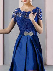 Two Piece Sheath / Column Mother of the Bride Dress Formal Church Elegant detachable Scoop Neck Knee Length Lace Taffeta Short Sleeve with Bow(s) Crysta