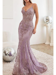 Mermaid / Trumpet Prom Dresses Celebrity Style Dress Graduation Prom Court Train Sleeveless V Neck Lace with Glitter Crystals Sequin