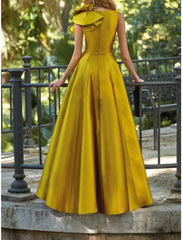 A-Line Evening Gown Party Dress Formal Wedding Guest Floor Length Sleeveless V Neck Satin with Shouder Flower 2025