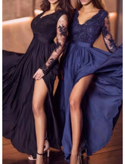 Beach Gothic Wedding Dresses in Color Black Wedding Dresses A-Line V Neck Long Sleeve Floor Length Chiffon Bridal Gowns With Appliques Split Front