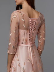 DingjiA-Line Floral Dress Valentine's Day Wedding Guest Floor Length 3/4 Length Sleeve Illusion Neck Bridesmaid Dress Lace with Pattern / Print Appliques