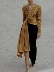 Wholesale A-Line Evening Black Dress Christmas Elegant Dress Formal Ankle Length Long Sleeve V Neck Satin with Ruched Slit