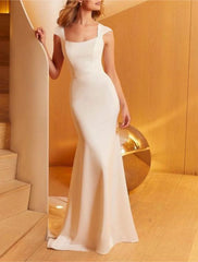 Wholesale Beach Casual Formal Wedding Dresses Mermaid / Trumpet Square Neck Regular Straps Sweep / Brush Train Taffeta OverSkirts Bridal Gowns With Solid Color