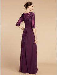 Aimishang  Sheath / Column Mother of the Bride Dress Wedding Guest Elegant Scoop Neck Floor Length Chiffon Lace Half Sleeve with Pleats Sequin