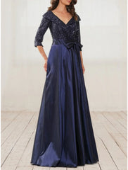 A-Line Evening Gown Elegant Dress Formal Black Dress Plus Size Floor Length Half Sleeve V Neck Satin with Bow(s) Pleats Sequin 2025