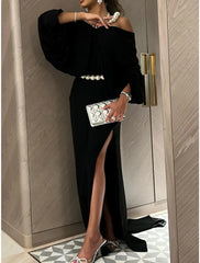 A-Line Evening Gown Elegant Dress Formal Sweep / Brush Train Black Dress Long Sleeve Off Shoulder Satin with Pearls Slit