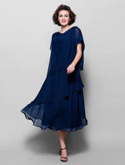 Aimishang  A-Line Mother of the Bride Dress Plus Size Elegant Cowl Neck Tea Length Chiffon Short Sleeve with Ruffles Crystal Brooch
