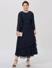 Aimishang  Sheath / Column Mother of the Bride Dress Formal Classic & Timeless Elegant & Luxurious Plus Size Jewel Neck Tea Length Chiffon 3/4 Length Sleeve yes with Pleats Tiered