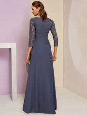 DingjiSheath / Column Mother of the Bride Dress Wedding Guest Party Elegant Scoop Neck Floor Length Chiffon Lace 3/4 Length Sleeve with Ruffles Appliques