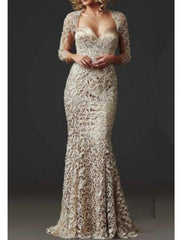 Mermaid / Trumpet Mother of the Bride Dress Wedding Guest Elegant Sweetheart Floor Length Lace 3/4 Length Sleeve with Lace