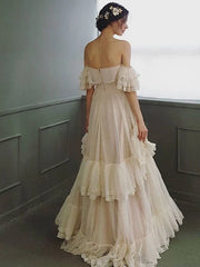 Beach Wedding Dresses Sweep Brush Train A-Line Short Sleeve Off Shoulder Lace With Ruffles