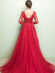 A-Line Evening Gown Party Dress Luxurious Dress Wedding Guest Engagement Chapel Train Half Sleeve Illusion Neck Tulle with Beading Appliques