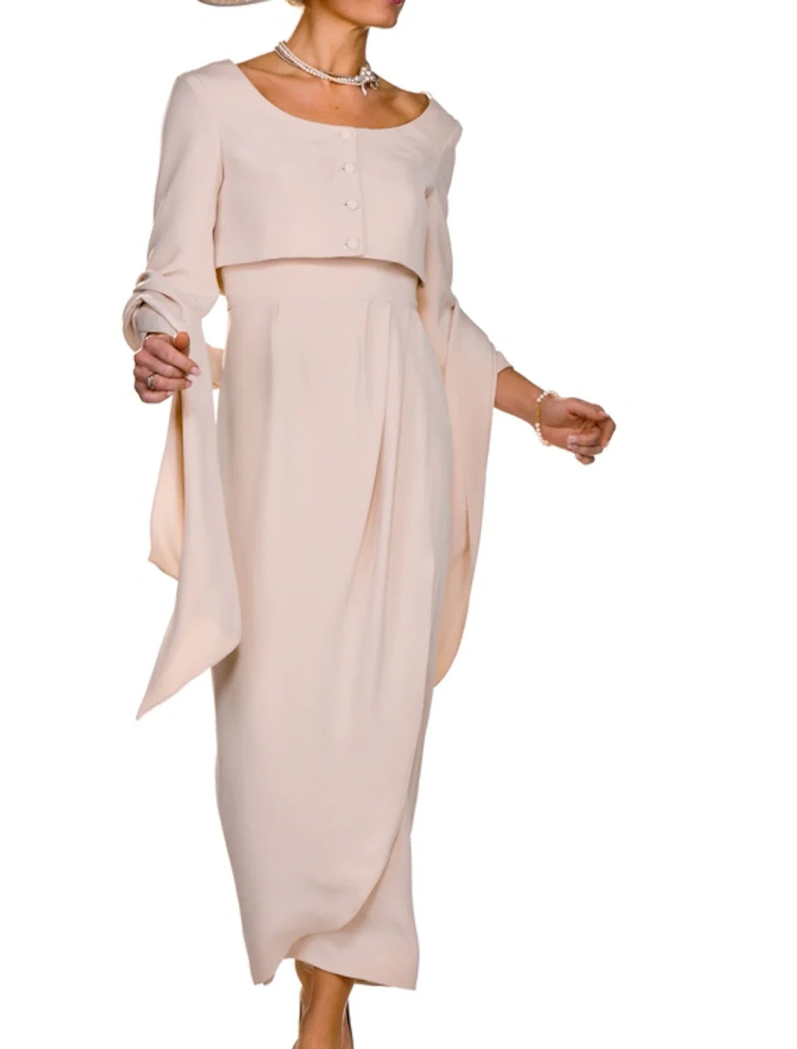 Two Piece Sheath / Column Mother of the Bride Dress Wedding Guest Elegant Square Neck Ankle Length Stretch Fabric Sleeveless Short Jacket Dresses with Buttons Pleats