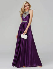 A-Line Little Black Dress Dress Party Wear Floor Length Sleeveless Silk Backless with Crystals Sequin