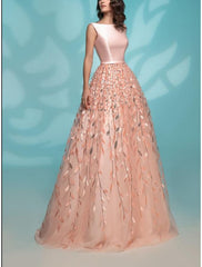 A-Line Evening Gown Minimalist Dress Wedding Guest Wedding Party Floor Length Sleeveless Jewel Neck Lace with Sequin Appliques Pure Color