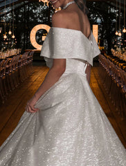 Hall Sparkle & Shine Simple Wedding Dresses A-Line Off Shoulder Cap Sleeve Sweep / Brush Train Sequined Bridal Gowns With Solid Color