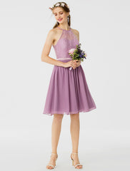 A-Line / Princess Halter Neck Knee Length Chiffon / Corded Lace Bridesmaid Dress with Sash / Ribbon / Pleats