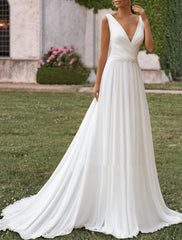 Wholesale Hall Casual Wedding Dresses A-Line V Neck Sleeveless Sweep / Brush Train Chiffon Bridal Gowns With Pleats Pearls