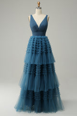 A Line V-neck Blue Tiered Prom Dress