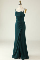 Dark Green Spaghetti Straps Wedding Guest Dress with Slit