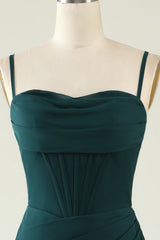 Dark Green Spaghetti Straps Wedding Guest Dress with Slit