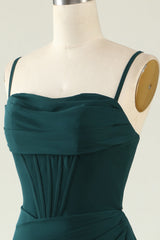 Dark Green Spaghetti Straps Wedding Guest Dress with Slit