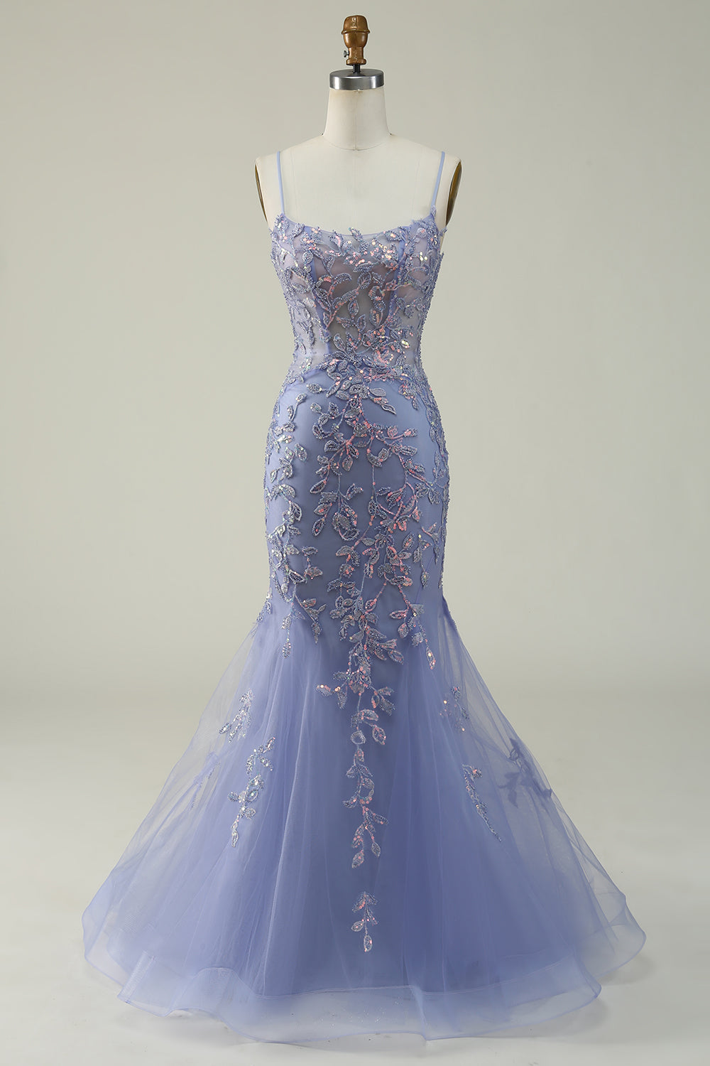 Purple Spaghetti Straps Tulle Long Prom Dress With Appliques