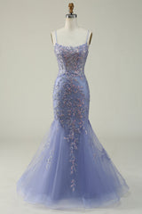 Purple Spaghetti Straps Tulle Long Prom Dress With Appliques