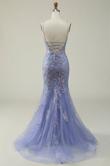 Purple Spaghetti Straps Tulle Long Prom Dress With Appliques