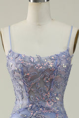 Purple Spaghetti Straps Tulle Long Prom Dress With Appliques