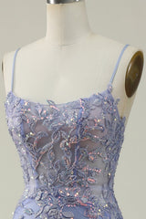 Purple Spaghetti Straps Tulle Long Prom Dress With Appliques