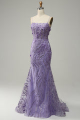 A-Line Spaghetti Straps Beaded Purple Mermaid Prom Dress