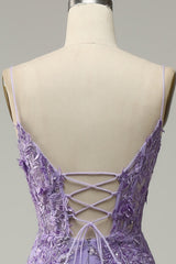 A-Line Spaghetti Straps Beaded Purple Mermaid Prom Dress