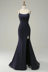 Wholesale Navy Mermaid Spaghetti Straps Beaded Prom Dress with Split prom dresses with long sleeves